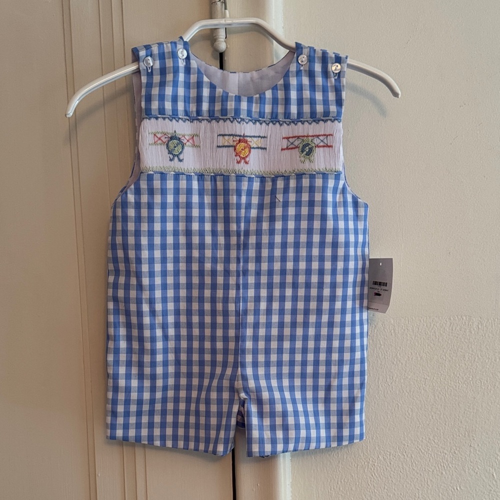 Classic Blue Gingham Smocked Kids One-Piece